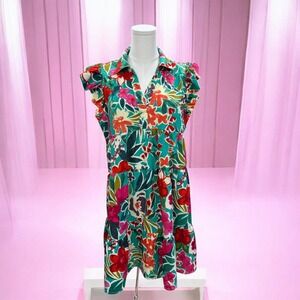 Style U Floral Tiered Babydoll Mini Dress Teal Pink Ruffle Cap‎ Sleeve Boho M